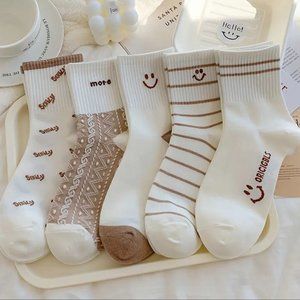 Cute & Soft Smiling Face Ankle Socks , Khaki & White Crew Socks-5 Pairs